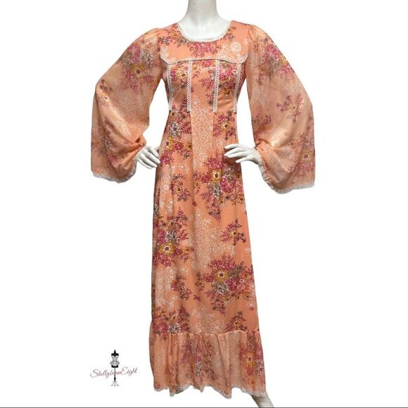 Vintage 70s Peach Floral Lace Trim Maxi Dress Goddess Cottage Core Gown XS S 2 4 - Picture 9 of 16